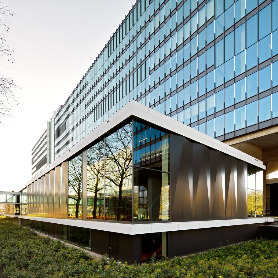 Northeast view of reflections at the Atlas extension glass wall façade