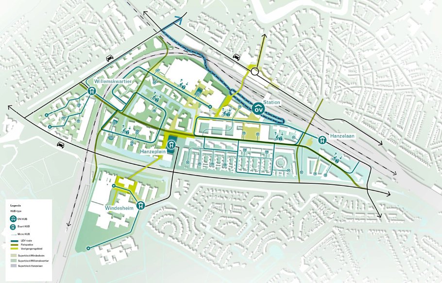 Overzicht van een mogelijk logistiek netwerk met logistieke hubs aan de randen, microhubs verspreid door de wijk en een toegespitst netwerk dat alles verbindt