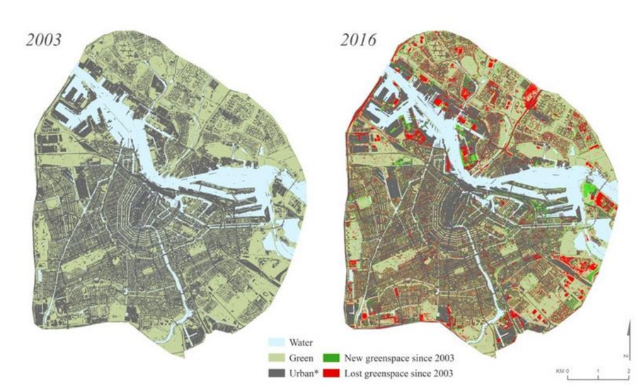 In rood afname van ‘groen’ in Amsterdam tussen 2003 – 2016