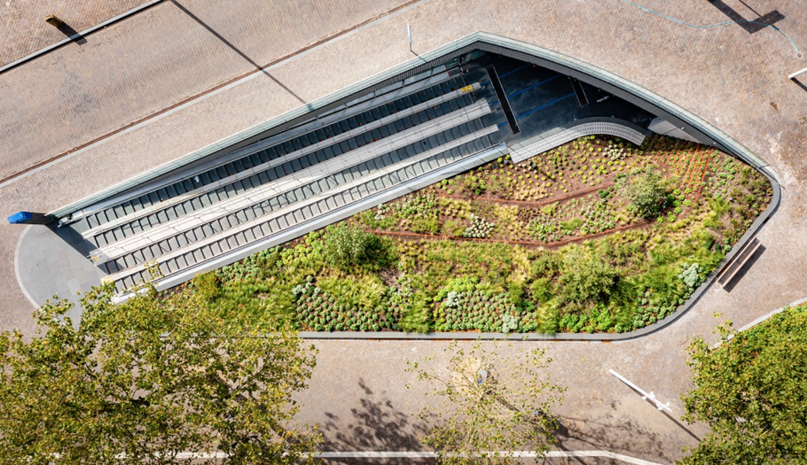 Onder het Stationsplein is een grote fietsparkeergarage aangelegd, waarvan de ingangen draai opgaan in het landschap.