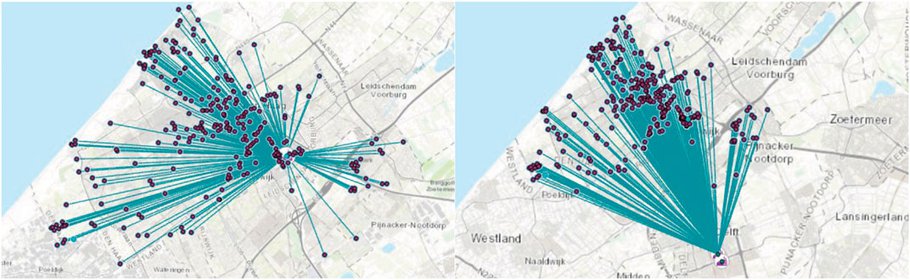 Afstanden van slooplocaties en naar bouwlocaties naar de betonmolen in Den Haag (links) en Delft (rechts)