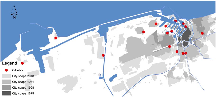 Stedelijk ontwikkeling van Duinkerken met plaatsen voor olie-industrie