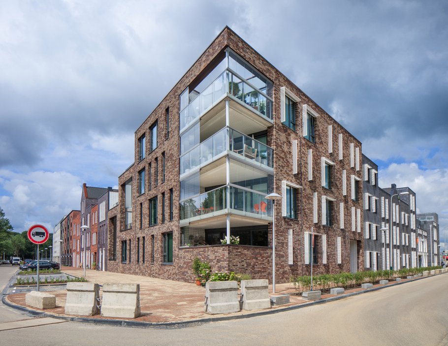 UTRECHT-JULY 25, 2017. Modern apartment building on a corner. House prices are rising at an accelerating pace in the Netherlands, due to strong demand and inadequate housing supply.