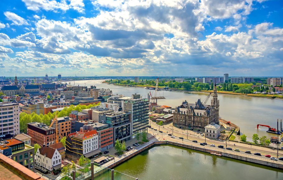 An aerial view of the port and docks in Antwerp (Antwerpen), Belgium.