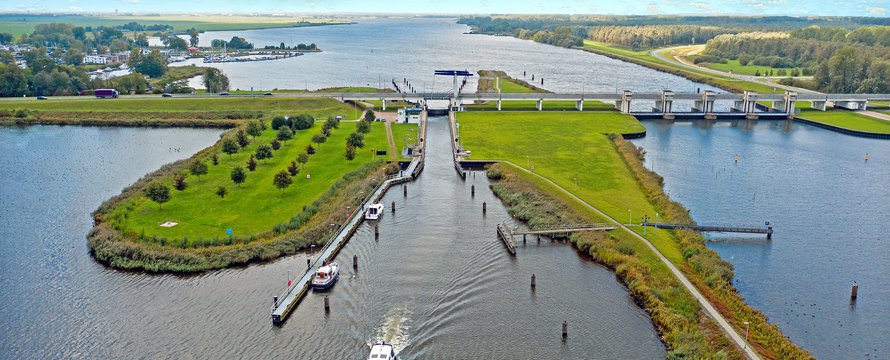 Aerial from the sluice at Nijkerk in the countryside from the Netherlands