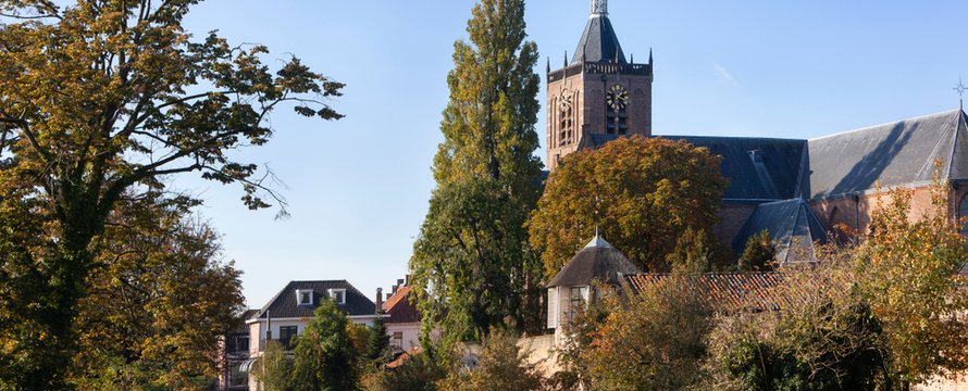 View on historic Vianen with church Grote Kerk and the old city wall in the Netherlands