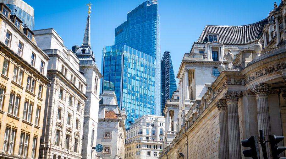 Looking up at City of London buildings, old and new