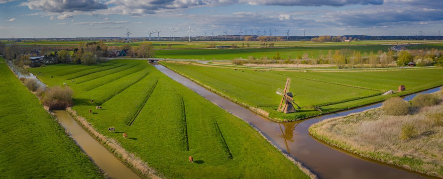 Landerijen met koeien en windmolens