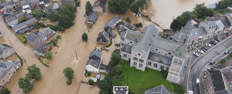 ROCHEFORT, BELGIUM - JULY 13, 2021: Drone view of some streets and houses heavily damaged from the historic floods in Rochefort, Belgium in July 2021-min