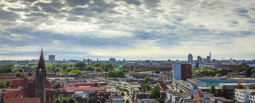 Utrecht city from top. General view from hight point at summer evening.